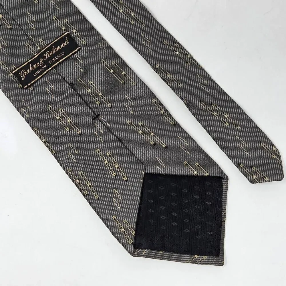 GRAHAM & LOCKWOOD LONDON ENGLAND SILK TIE TAN BLACK GEOMETRIC SATIN 4